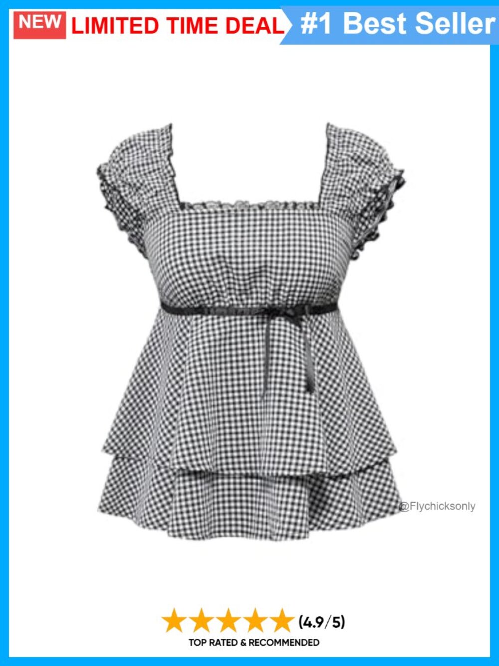 Plus Size Gingham Babydoll Blouse Square Neck Bow Tie Ruffle Smocked Top